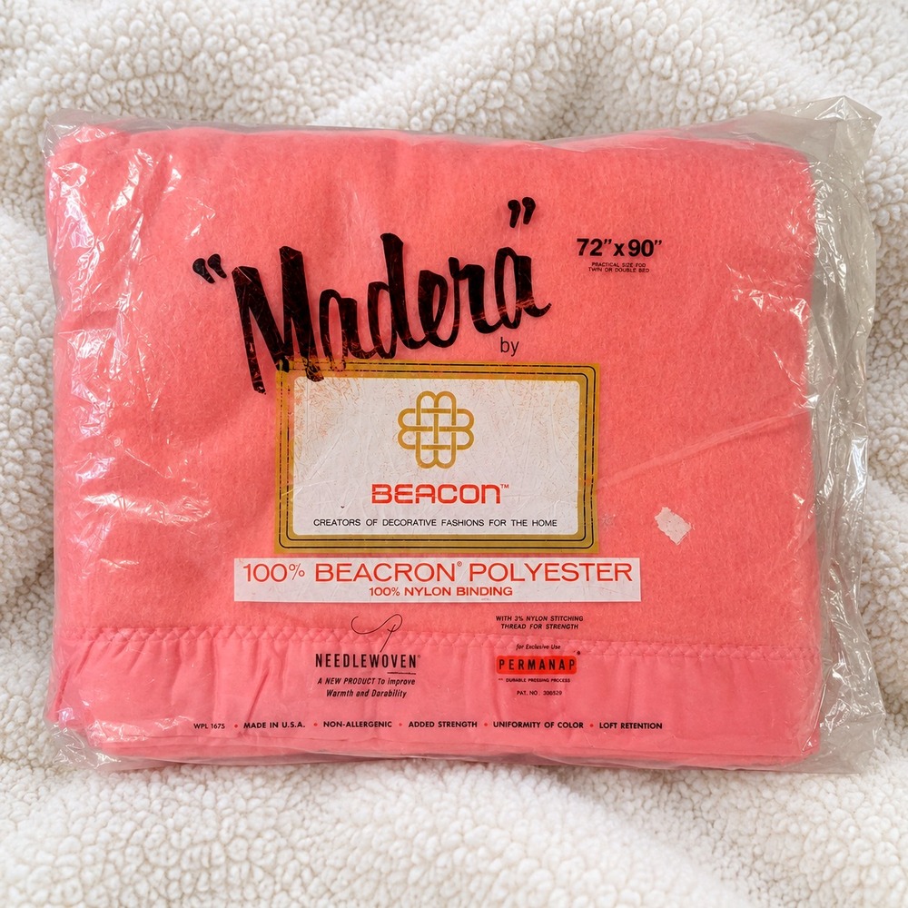 Vintage Beacon Madera Blanket Pink Retro 72x90 Full Size Nylon Edge NOS 70s 80s